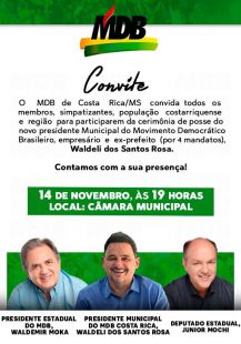 MDB reunirá seus pares e importantes personalidades do cenário político, no próximo dia 14, para empossar o novo presidente do Diretório Municipal, o empresário e ex-prefeito de Costa Rica por 4 mandatos, Waldeli dos Santos Rosa